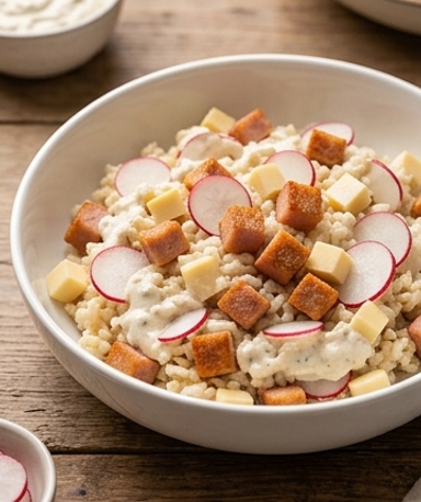 Salade de riz croquante au jambon de dinde, radis et sauce rémoulade