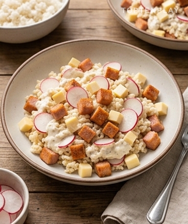 Salade de riz croquante au jambon de dinde, radis et sauce rémoulade