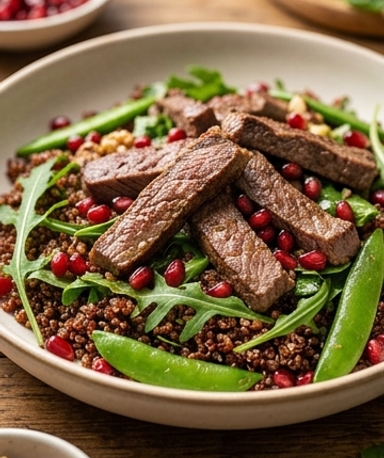 Salade tiède de quinoa rouge au rumsteck et grenade
