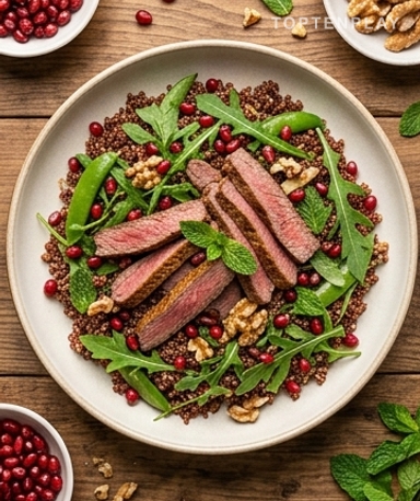 Salade tiède de quinoa rouge au rumsteck, grenade et roquette