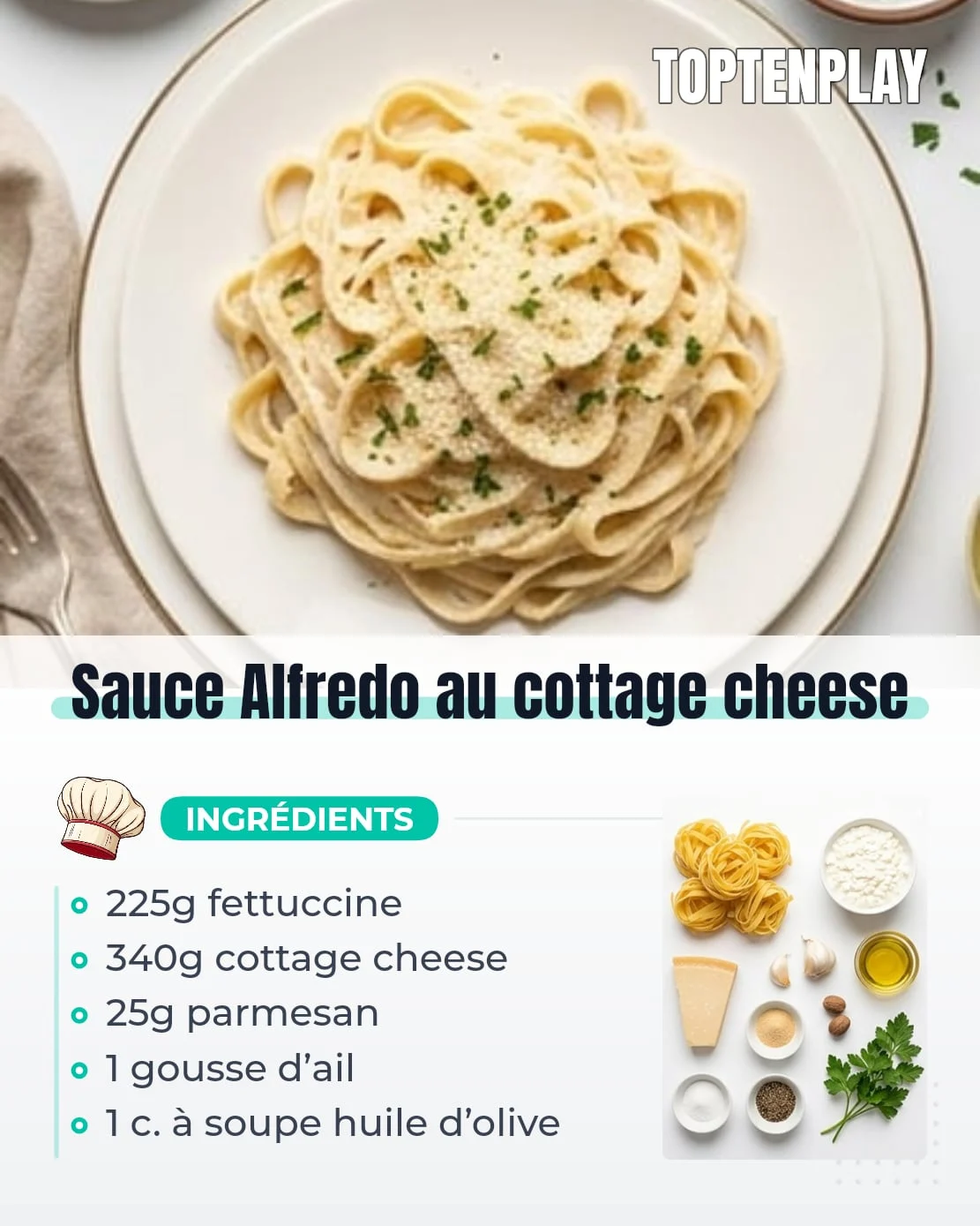 Sauce Alfredo au cottage cheese
• 225g fettuccine ou pâtes longues
• 340g cottage cheese entier de préférence
• 25g parmesan fraîchement râpé, plus un peu pour servir
• 1/4 cuillère à café poudre d’oignon