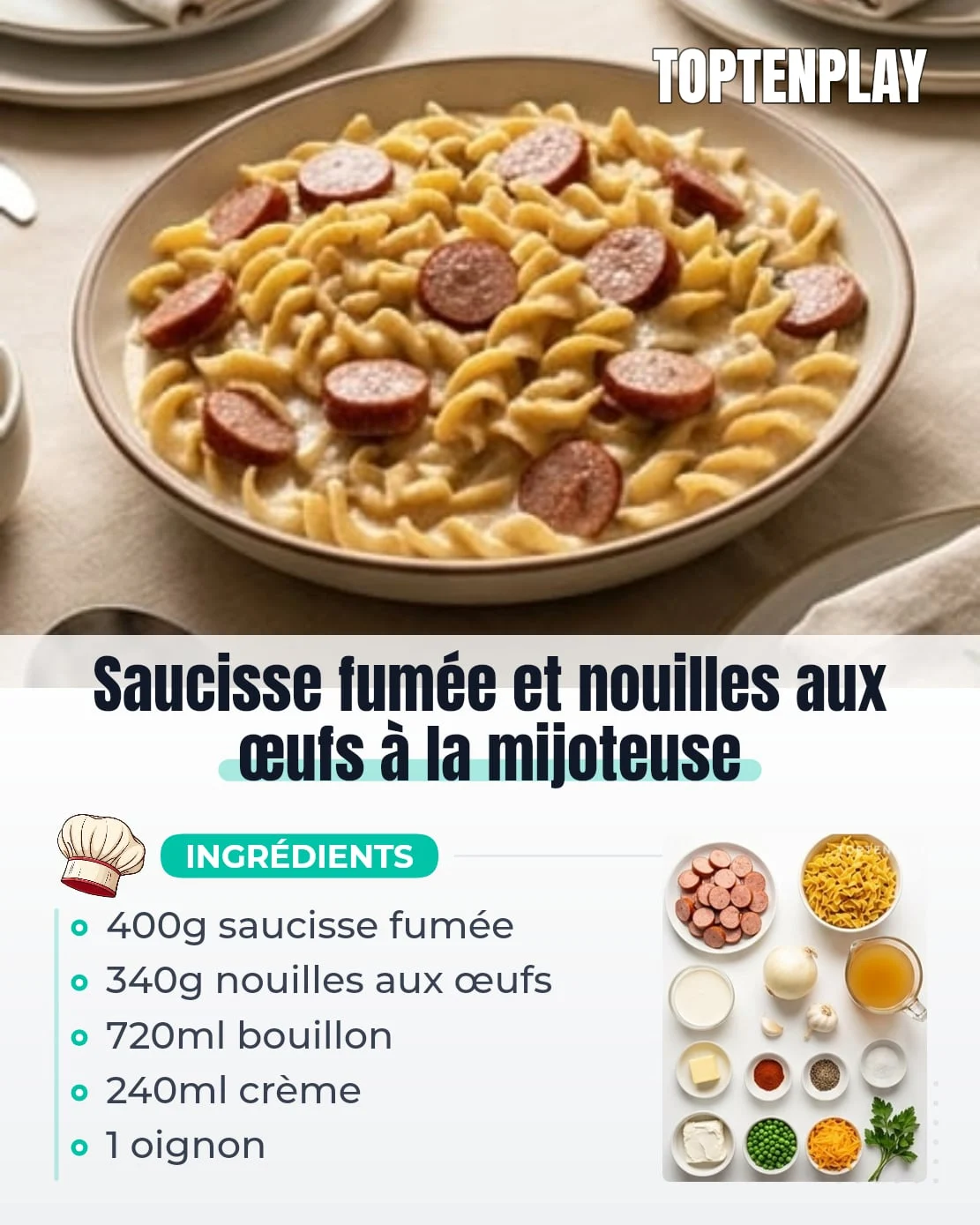 Saucisse fumée et nouilles aux œufs à la mijoteuse