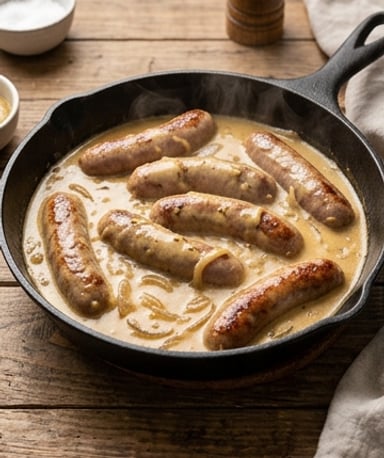 Saucisses à la moutarde et aux oignons fondants