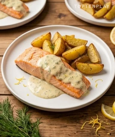 Saumon crémeux au four, pommes de terre rôties à l'aneth