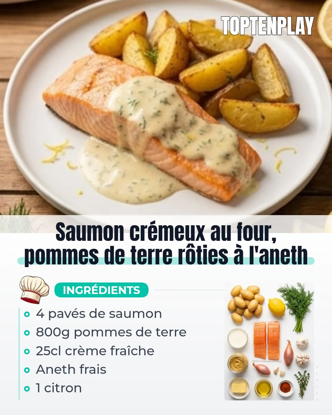 Saumon crémeux au four, pommes de terre rôties à l&rsquo;aneth