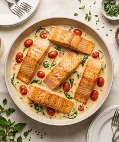 Tuscan Pan-Seared Salmon with Creamy Parmesan Sauce