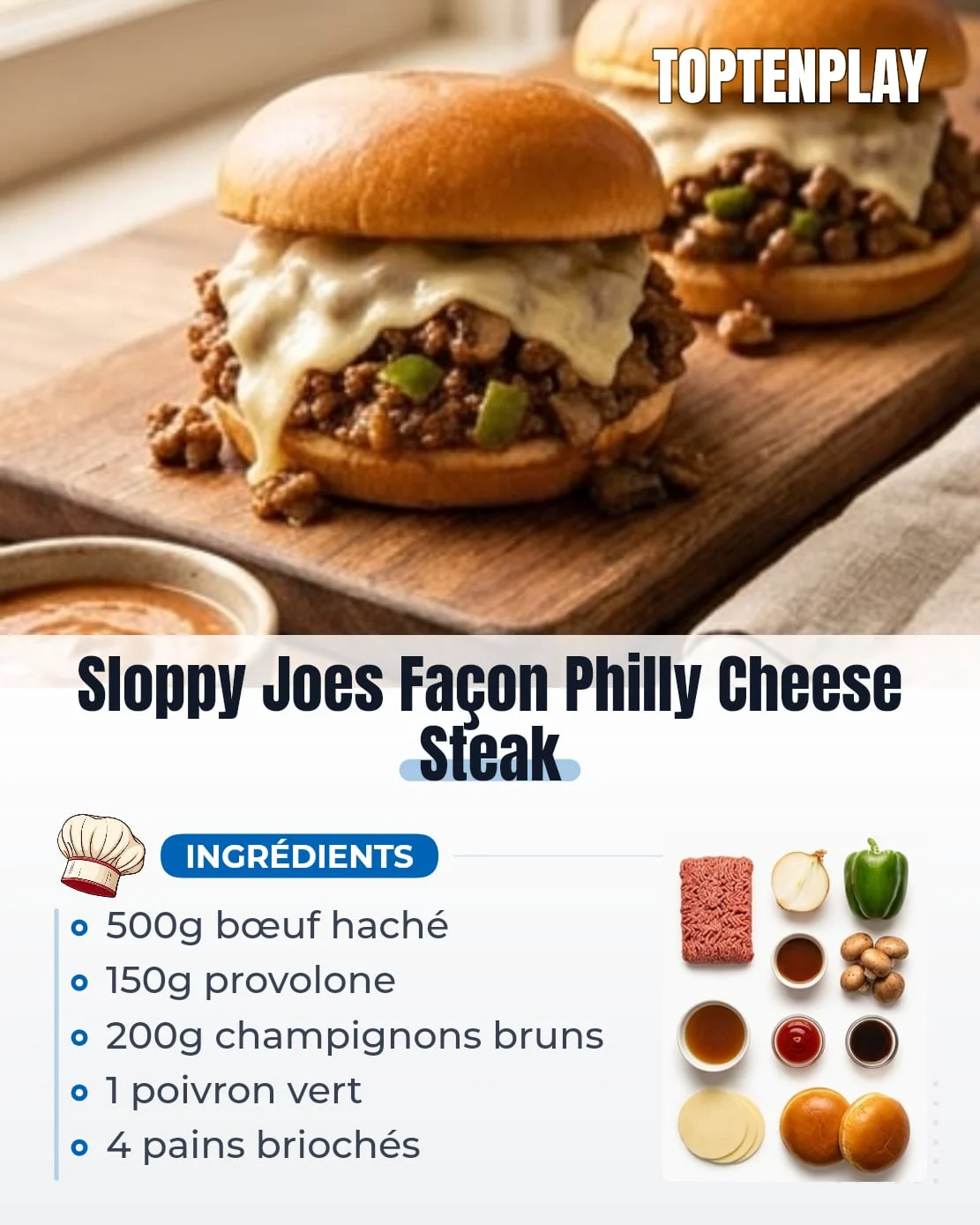 Sloppy Joes Façon Philly Cheese Steak
• 500g bœuf haché 85/15
• 1 c. à soupe beurre
• 1 moyen oignon jaune, coupé en petits dés
• 1 poivron vert, coupé en petits dés