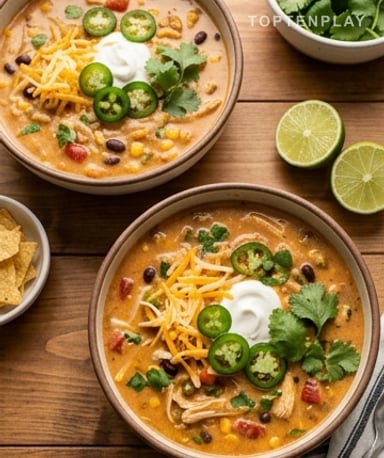 Soupe Taco au Poulet Effiloché – Crémeuse, Généreuse, Prête en 1 Heure