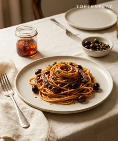 Spaghettis alla puttanesca à la napolitaine