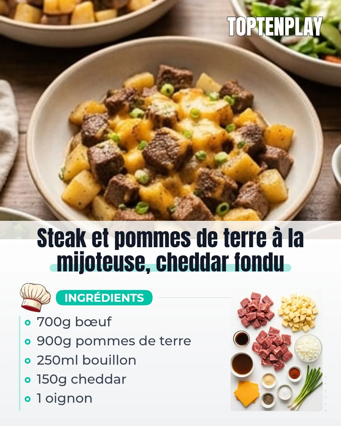 Steak et pommes de terre à la mijoteuse, cheddar fondu
• 700g steak de bœuf coupé en cubes
• 900g pommes de terre à chair ferme coupées en dés
• 1 oignon jaune émincé
• 2 gousses d’ail hachées