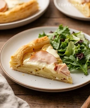 Tarte feuilletée aux pommes de terre, dinde fumée et mozzarella