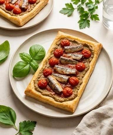 Tarte fine aux sardines à la tomate et aubergines