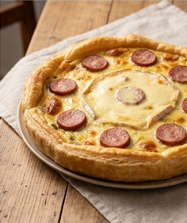 Tarte franc-comtoise au Mont d'Or et saucisse fumée