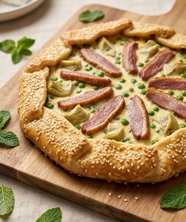 Tarte rustique au canard, petits pois et artichaut