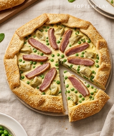 Tarte rustique au canard, petits pois et artichaut : le plat qui sent le printemps