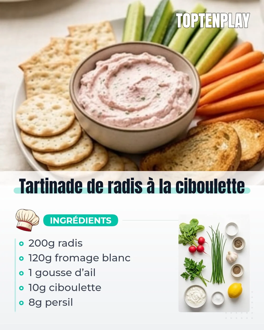 Tartinade de radis à la ciboulette
• 200g radis frais
• 120g fromage blanc épais
• 1 petite gousse d’ail
• 10g ciboulette fraîche