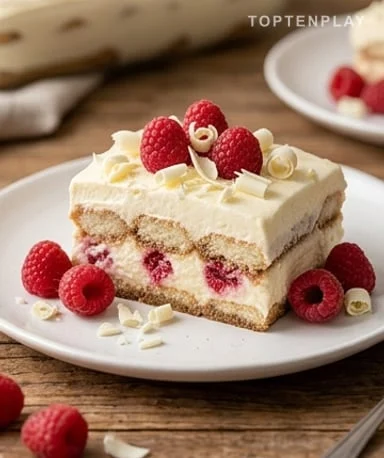Tiramisu mit weißer Schokolade und Himbeeren