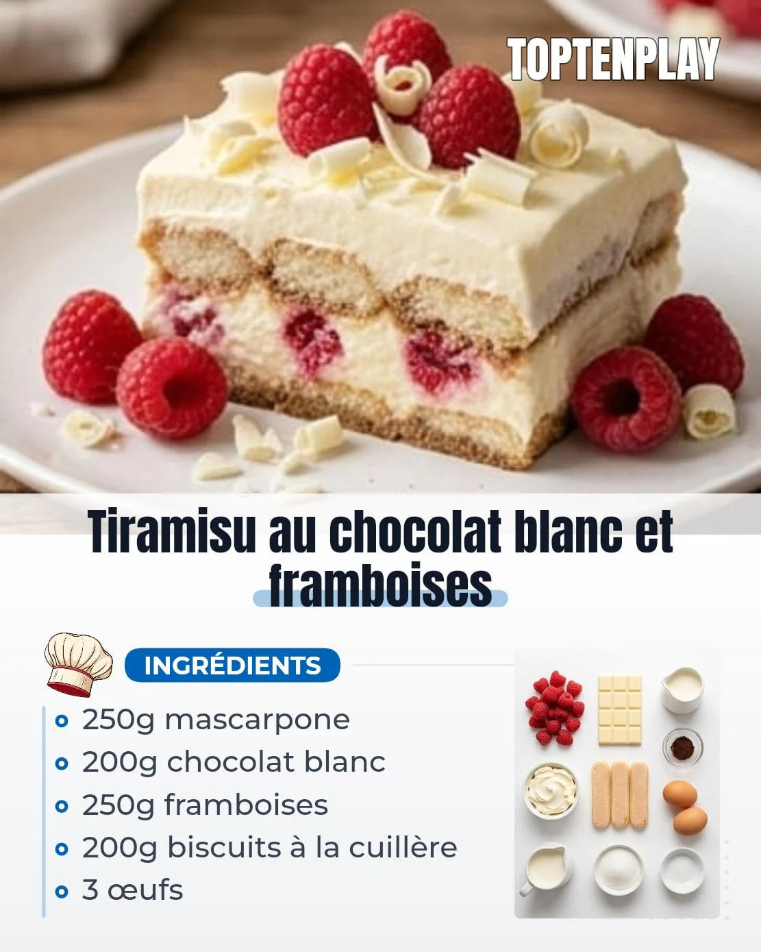 Tiramisu au chocolat blanc et framboises