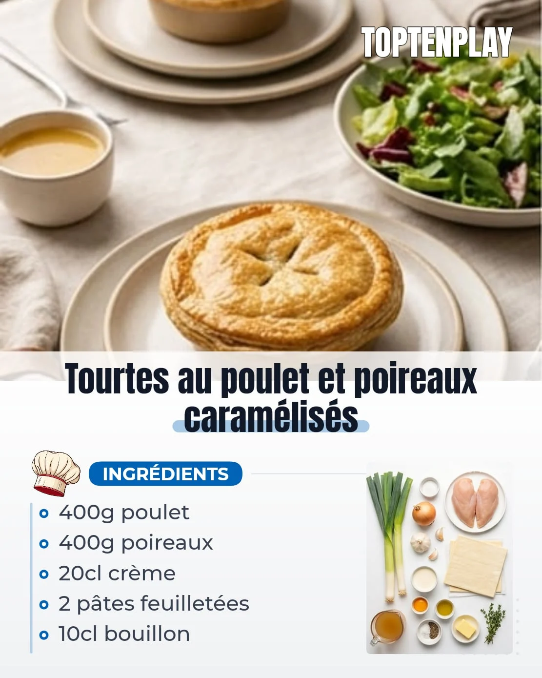 Tourtes au poulet et poireaux caramélisés
• 400g blancs de poulet
• 400g poireaux
• 1 oignon jaune
• 2 gousses d’ail