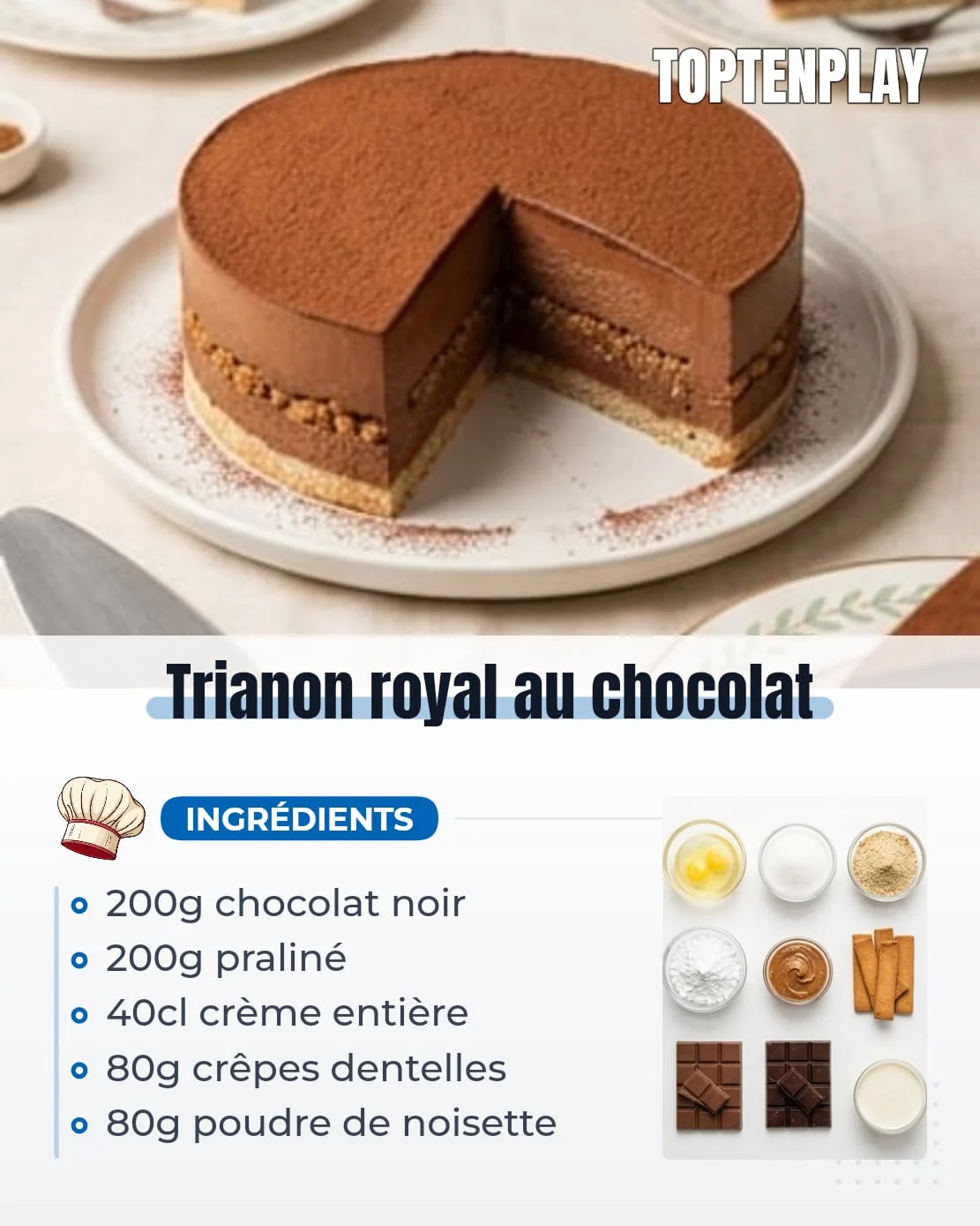 Trianon royal au chocolat
• 3 blancs d’œufs
• 80g sucre
• 80g poudre de noisette
• 20g sucre glace