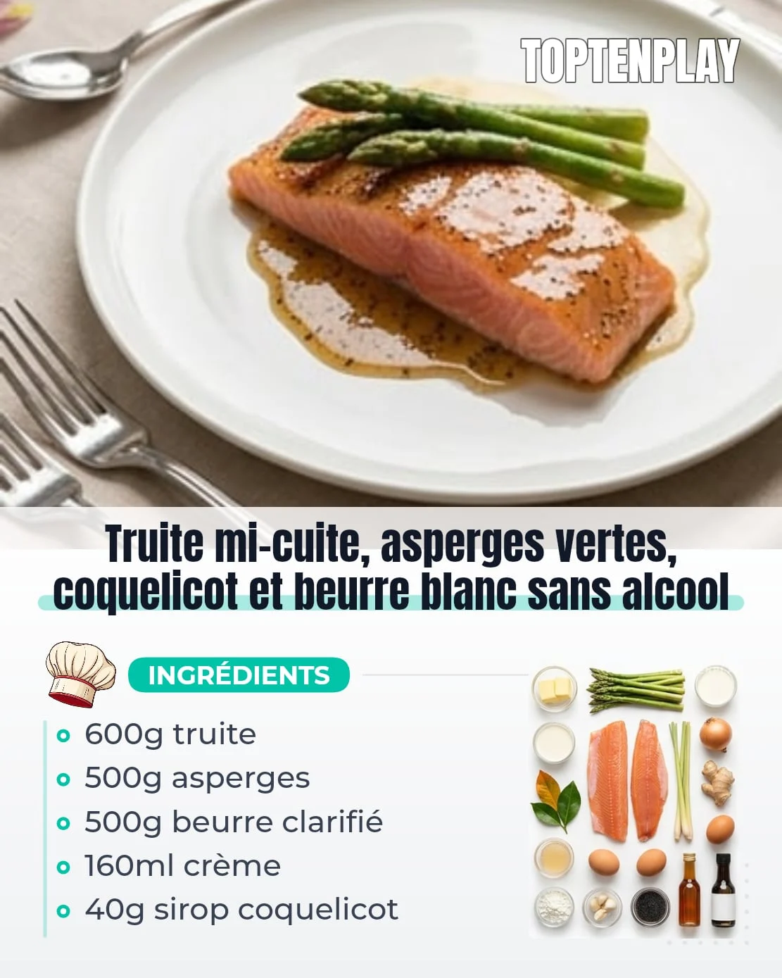 Truite mi-cuite, asperges vertes, coquelicot et beurre blanc sans alcool
• 600g filet de truite sans arêtes
• 1L eau
• 100g sel fin
• 50g sucre