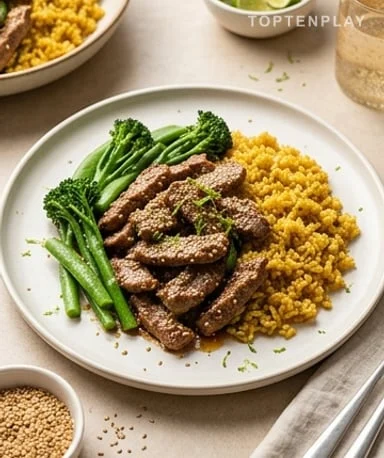 Wok d’agneau au sésame, légumes verts et riz complet au curcuma