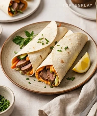 Wrap à l'émincé de noix de veau, houmous de lentilles et légumes croquants