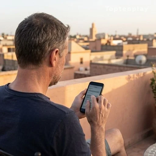homme de dos consultant une application de rencontre sur smartphone à Marrakech