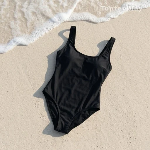 Maillot de bain une pièce noir posé sur le sable en bord de plage, shooting mode