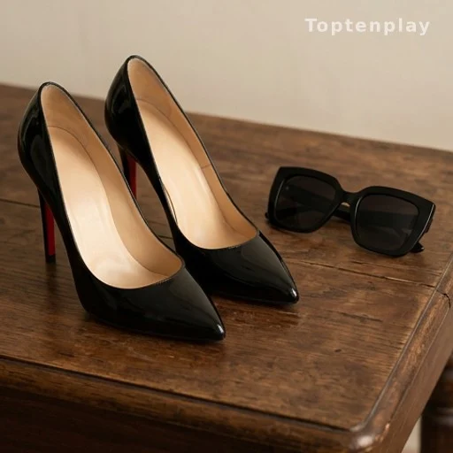 Talons hauts noirs et lunettes de soleil posés sur une surface en bois, accessoires mode