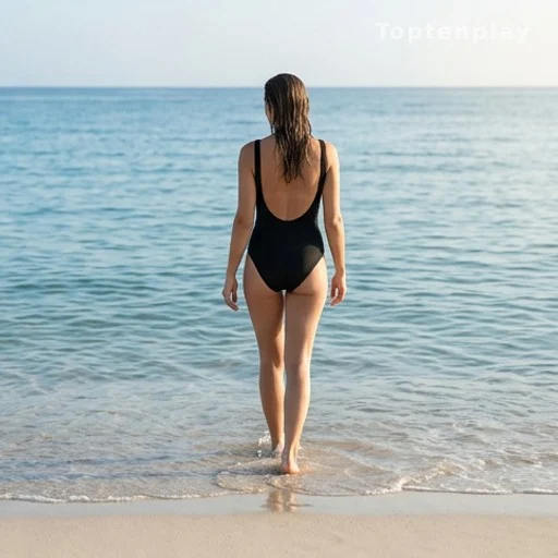 Femme de dos entrant dans la mer calme, activité natation bien-être