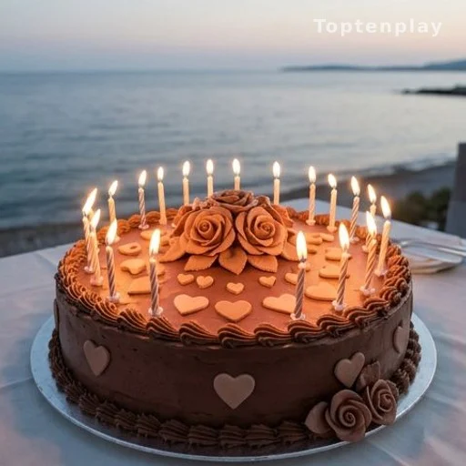 Gâteau d'anniversaire au chocolat décoré de roses et de bougies pour les 23 ans de la princesse