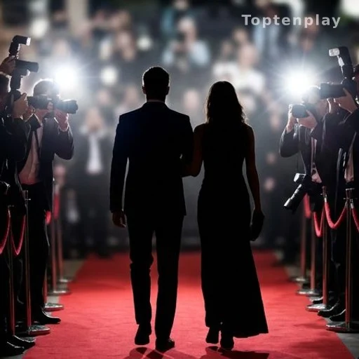 Couple vu de dos sur un tapis rouge entouré de photographes de presse
