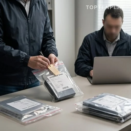 Enquêteurs de police judiciaire examinant du matériel saisi