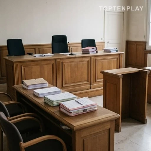 Salle d’audience de justice avec dossiers sur table