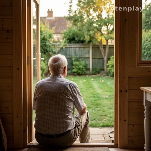 Personne âgée assise dans l'entrée d'un studio en bois dans un jardin