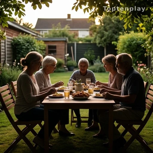 Famille réunie autour d'un repas en jardin, seniors et petits-enfants