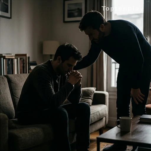 Scène d'amitié et de soutien entre deux hommes dans un appartement