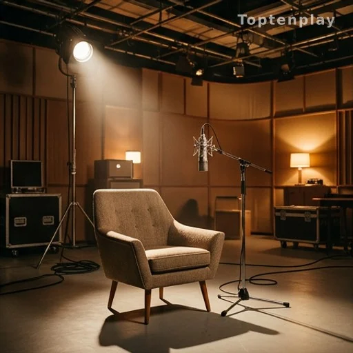 Plateau de télévision vintage avec chaise et micro sous projecteur