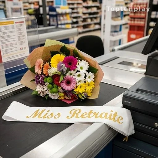 Bouquet de fleurs et écharpe Miss retraite posés sur un comptoir de supermarché