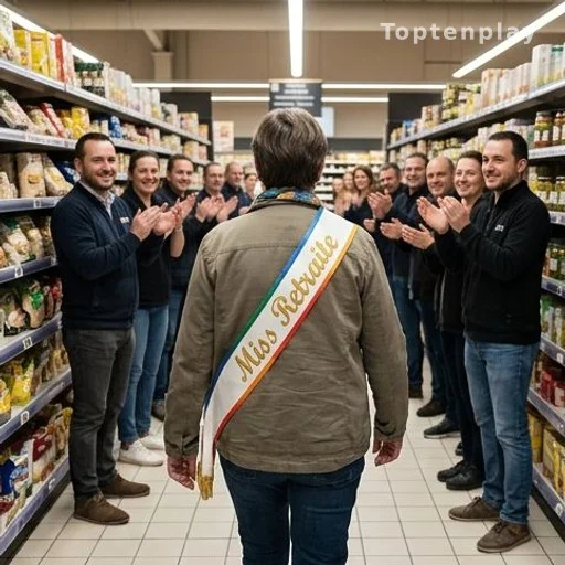 Employée de dos avec écharpe de retraite traversant une allée de supermarché sous les applaudissements
