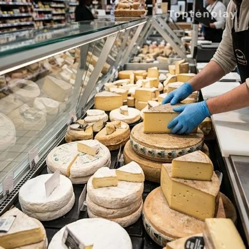 Rayon fromagerie traditionnel d'un supermarché avec des fromages exposés et des mains de vendeur