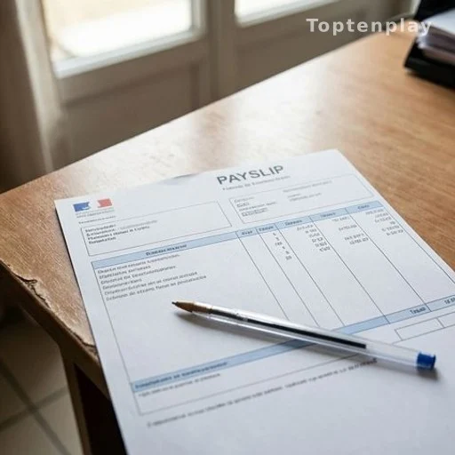 Fiche de paie et stylo sur un bureau, illustrant le salaire d'un employé en grande distribution