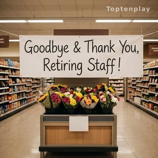 Banderoles d'adieu et bouquet de fleurs dans un rayon de supermarché