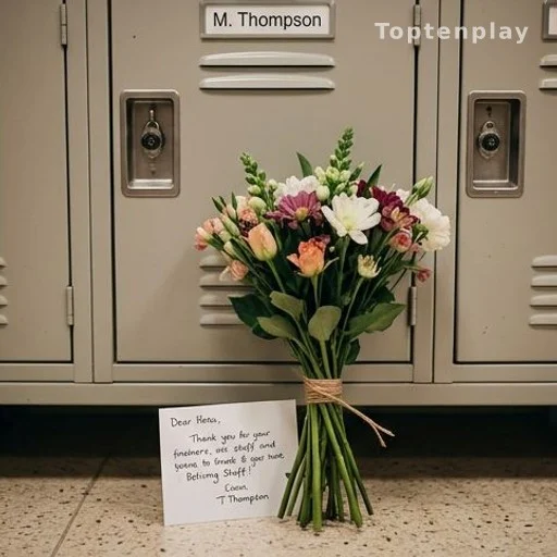 Casier d'employée de supermarché avec bouquet de fleurs après 42 ans de carrière