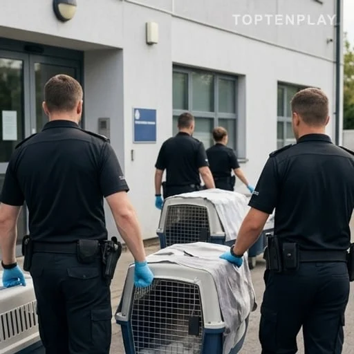 Cages de transport devant un poste de police