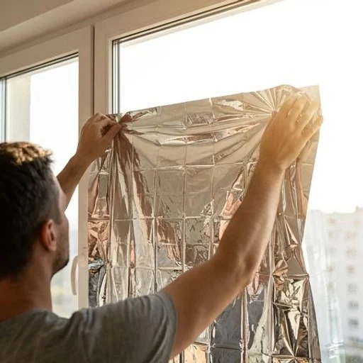 Mains posant une couverture de survie sur une fenêtre pour bloquer la chaleur