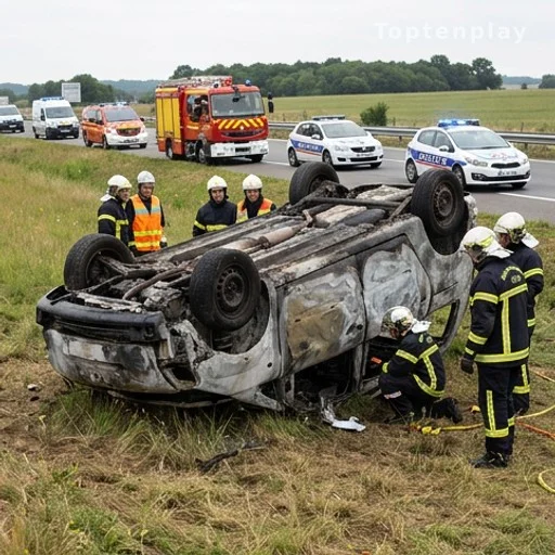 Monospace familial renversé et incendié sur le bord d'une autoroute française