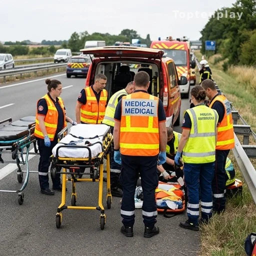 Équipe de secours médicaux intervenant sur les victimes d'un accident de la route sur autoroute