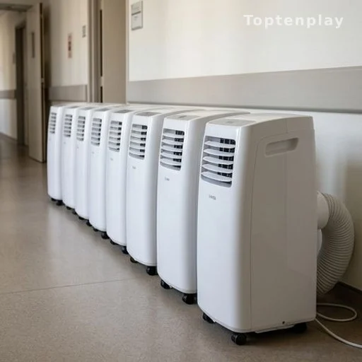 Climatiseurs portables alignés dans un couloir d'hôpital